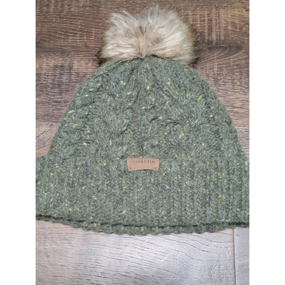 Pendleton Merino Wool Alpaca Blend Cable Knit Beanie Olive Green Pom Hat GS809